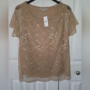 NWT LOFT Women's Tan Lace Top, Scalloped Bottom, Size Medium